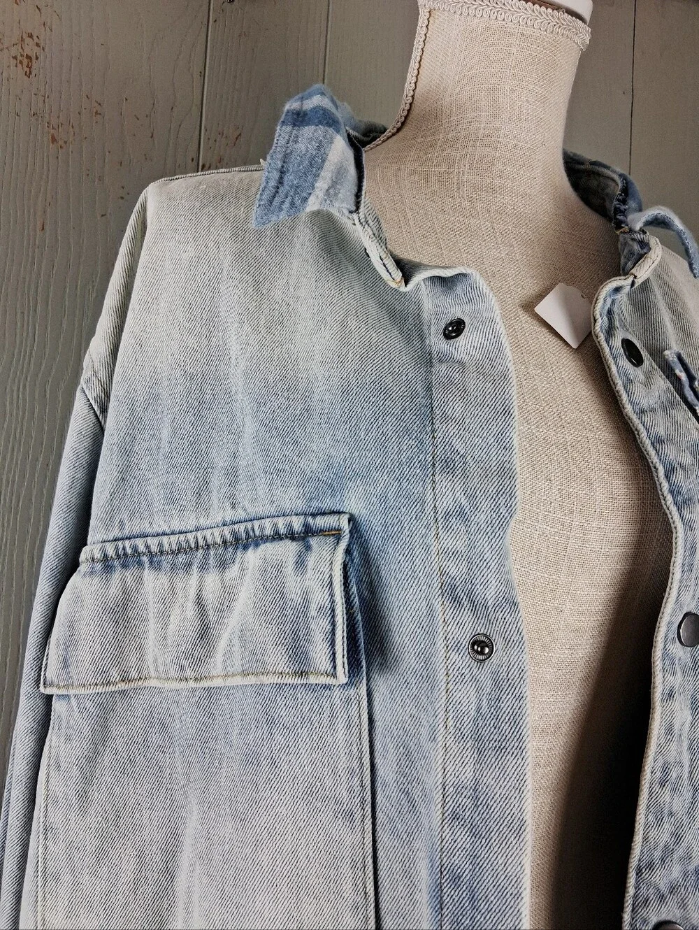 Upcycled Denim Jacket Chore Coat OOAK Large Quilt Applique Cottage Farmhouse - Picture 5 of 15